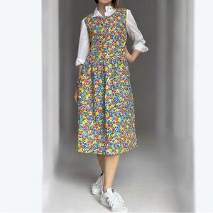 Vintage 80s Floral Pinafore Midi Dress – Dropped Waist, Cotton, Size S